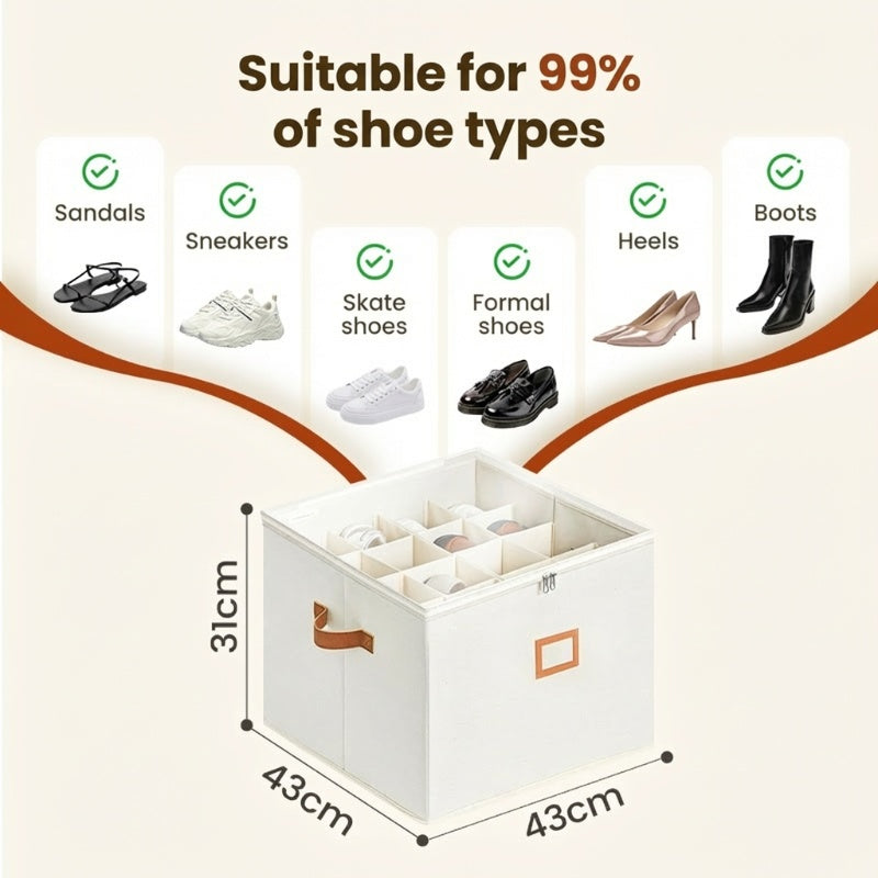 Fabric Shoe Organizer Storage Box Foldable Design, Large Capacity, Dustproof & Breathable, Space Saving For Closet & Bedroom
