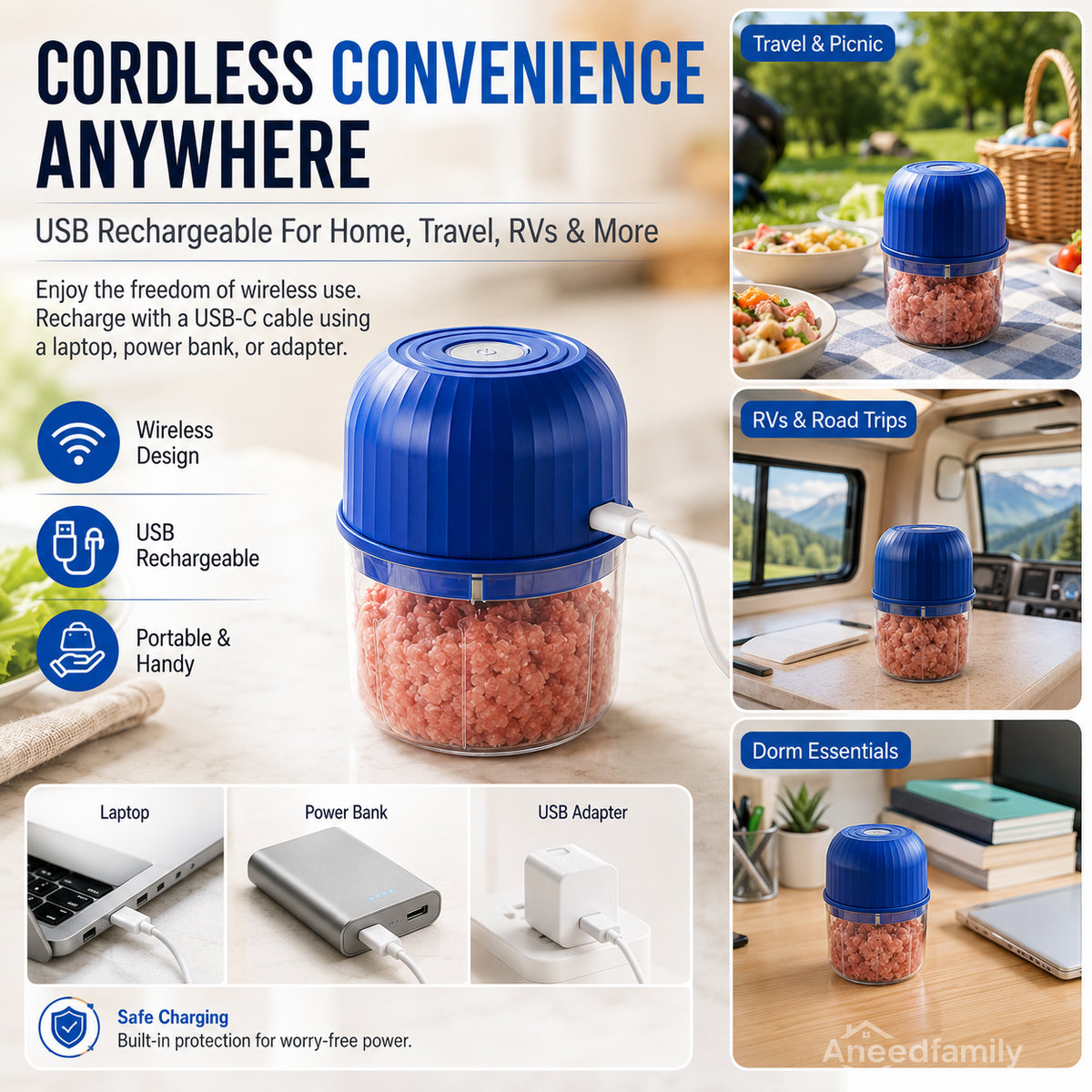Wireless Efficient Electric Mini Food Chopper Robust Motor, Smart Design & Stainless Steel Blades